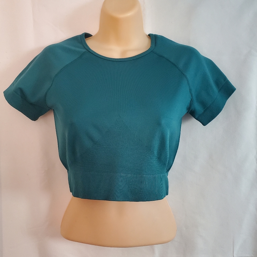 Women Emerald Green Seamless Stretch Activewear Short Sleeve Crop Top Size Large